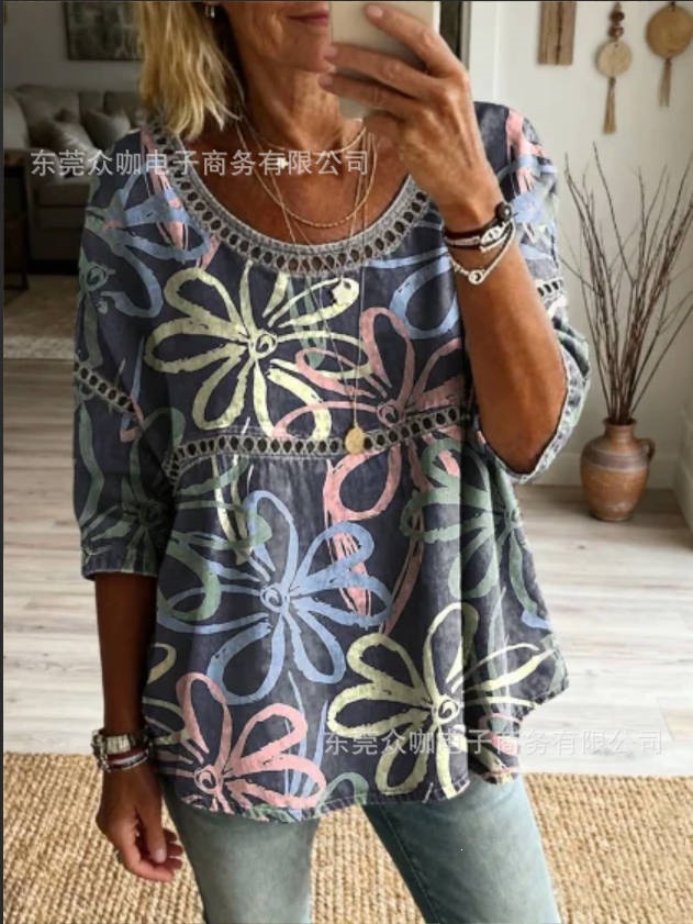 3D Floral Print Crewneck Half-Sleeve Ruched Top