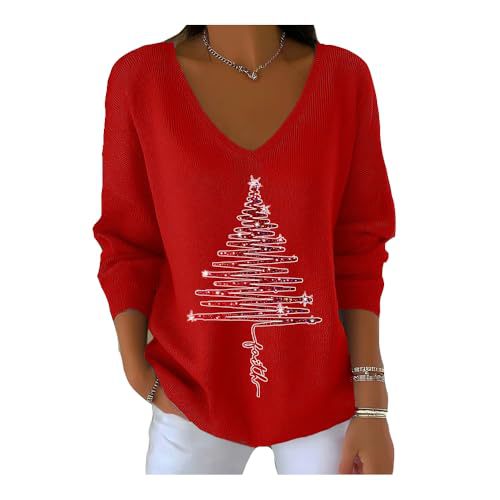 Women's V-Neck Long Sleeve Book & Christmas Tree Print T-Shirt