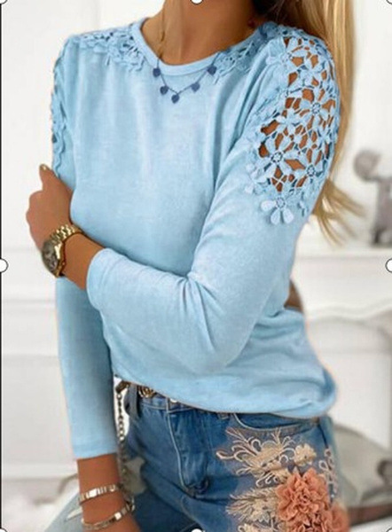 Solid Color Lace Cutout Long-Sleeve T-Shirt