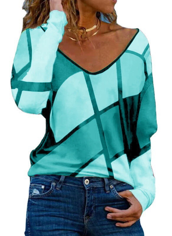 Geometric V-Neck Print Loose Pullover T-Shirt Women's Top