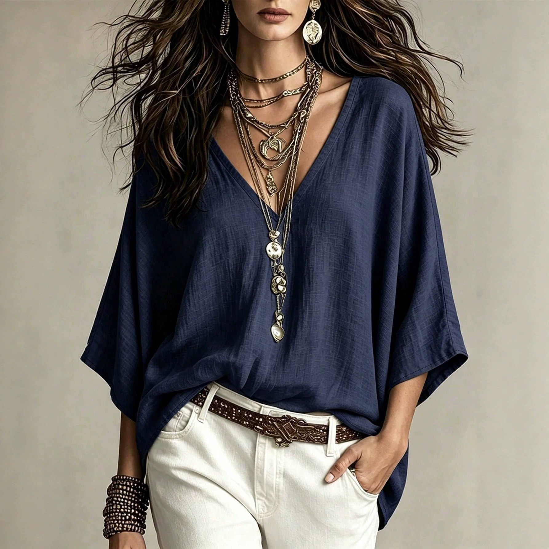V-Neck 3/4 Sleeve Loose Linen Cotton Casual Women's Top