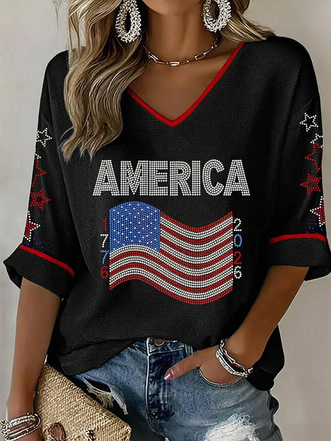 USA 250th Anniversary Print V-Neck Half-Sleeve Women's Top