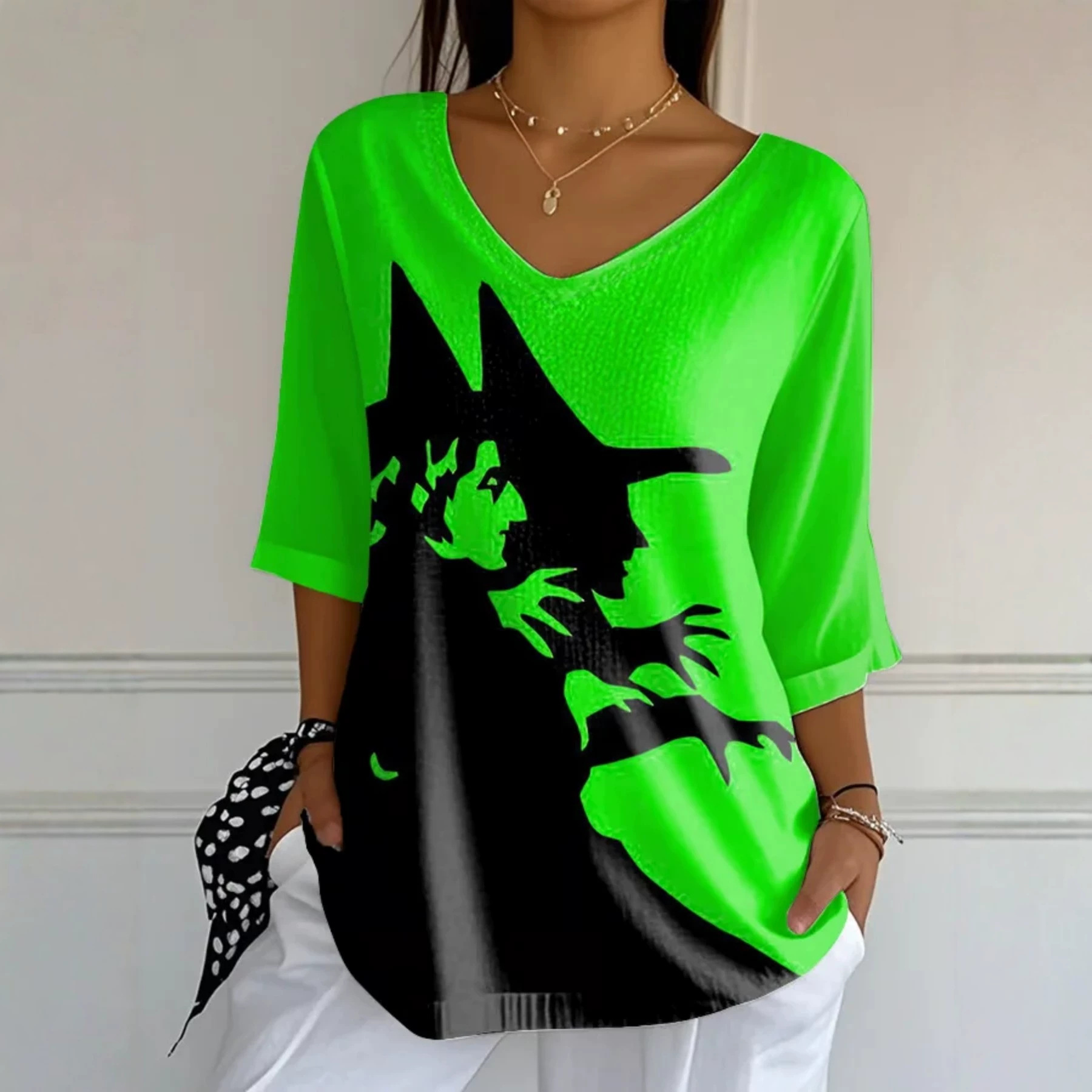 Halloween Ghost Print V-Neck Half-Sleeve Women's T-Shirt