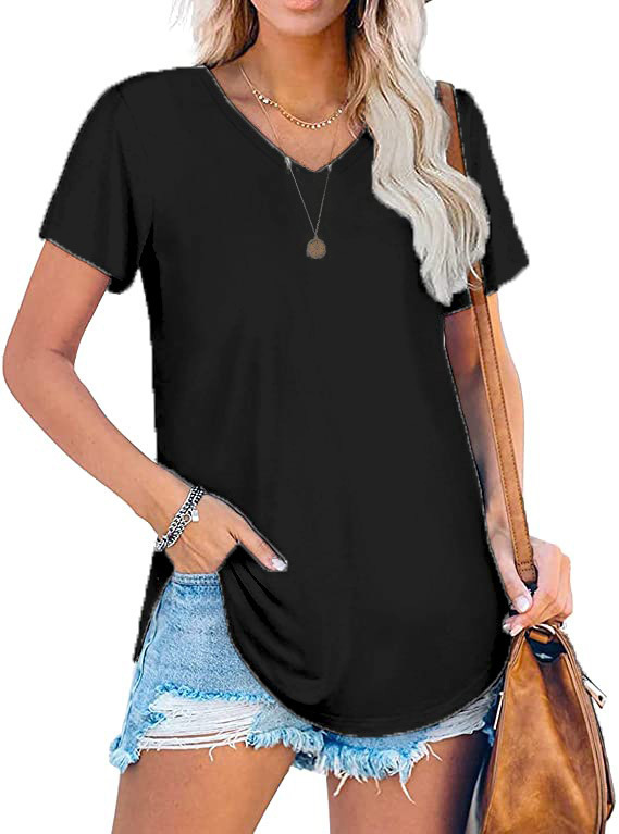 Women's V-Neck Knit Short Sleeve T-Shirt Loose Plus Size Solid Color Top