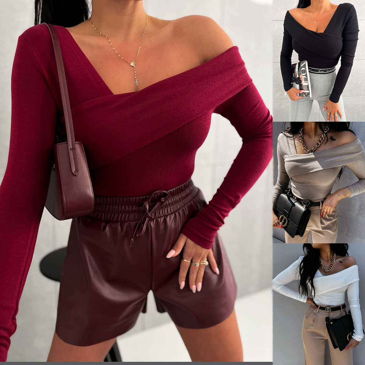 Women's Off-Shoulder Long-Sleeve Solid Color Slim Fit T-Shirt