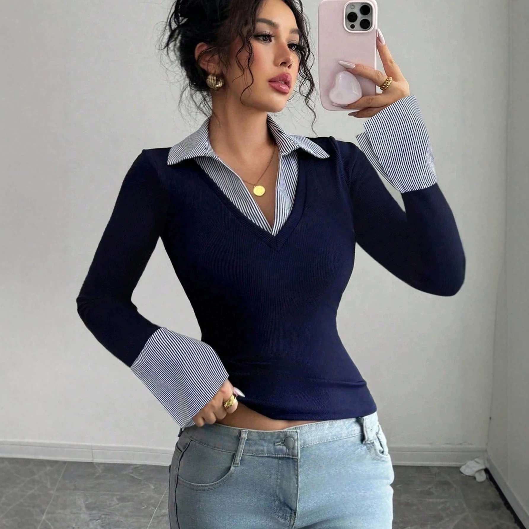 Striped V-Neck Colorblock Flare Top