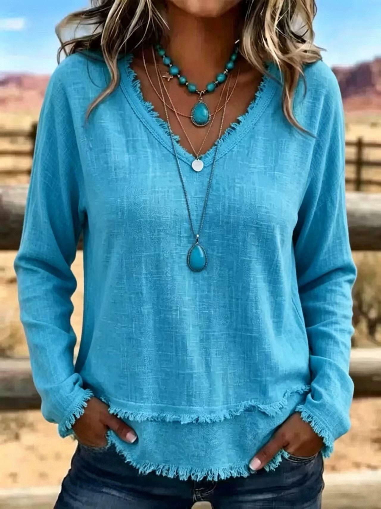 Women's Loose V-Neck Fringe Long-Sleeve T-Shirt Solid Casual Top