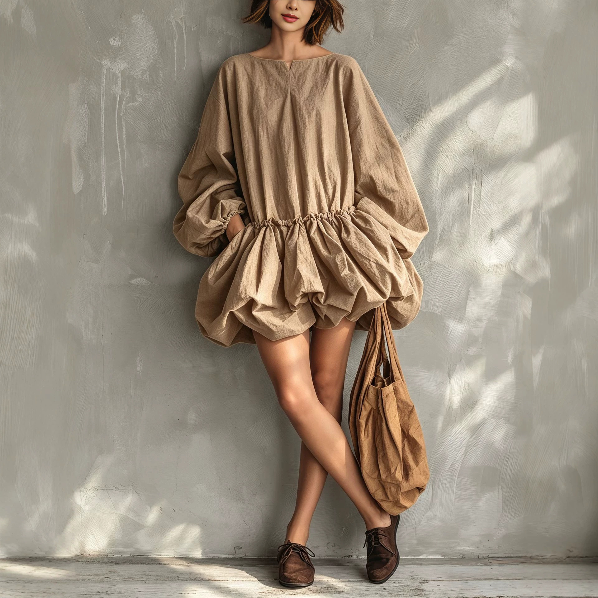 Solid Crewneck Puff Sleeve Long Sleeve Cinched Waist Bubble Dress