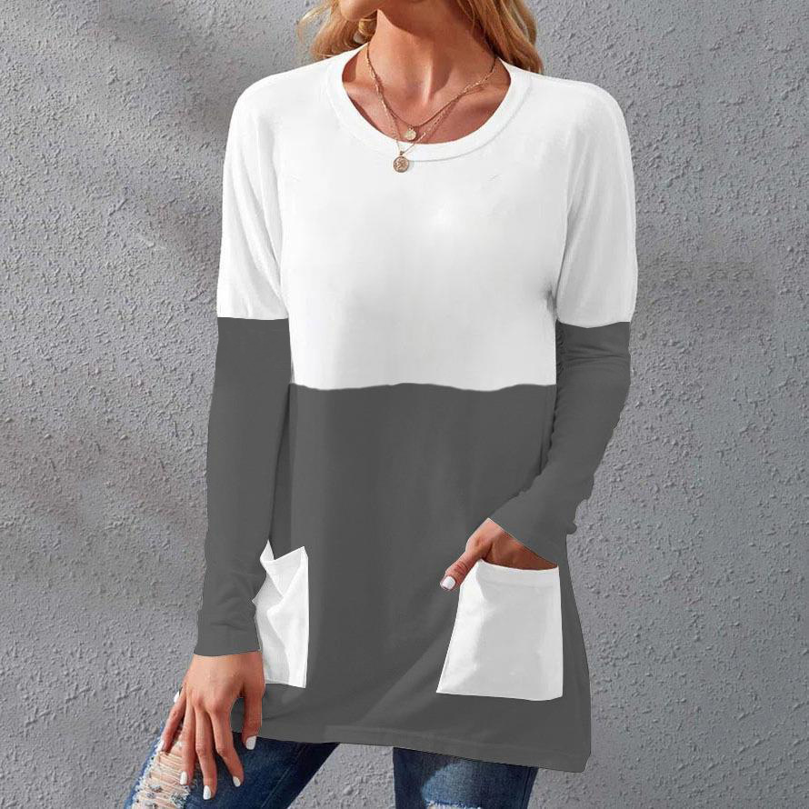Women's Crewneck Long Sleeve Patchwork Pocket T-Shirt