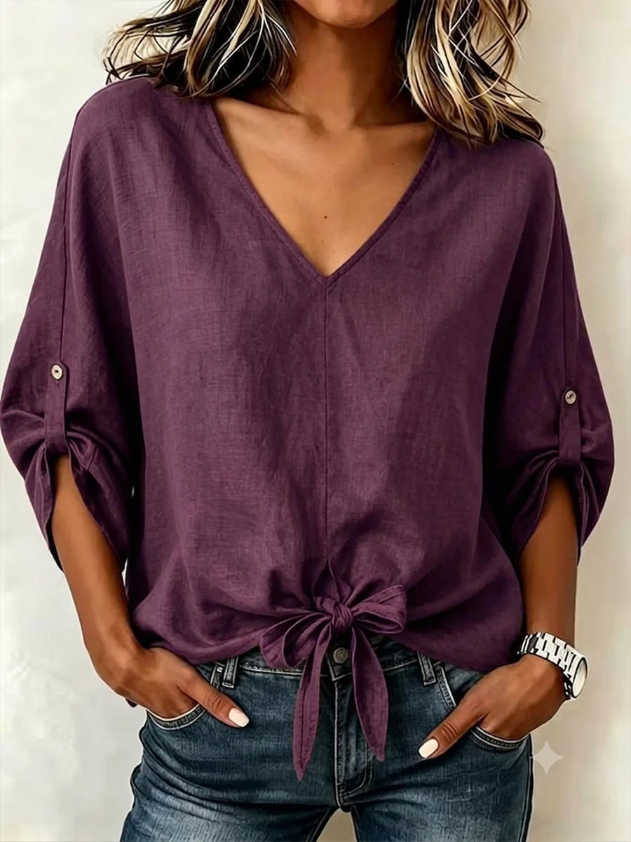 V-Neck Tie-Hem Loose Fit Blouse with Roll-Tab Sleeves