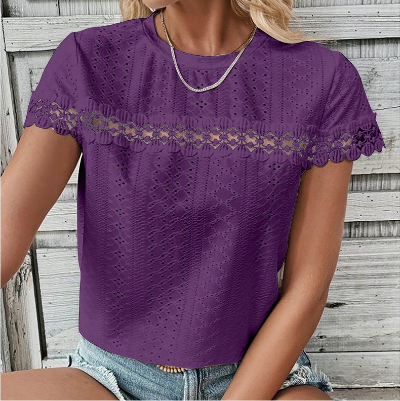V-Neck Lace Panel Eyelet Loose Casual T-Shirt