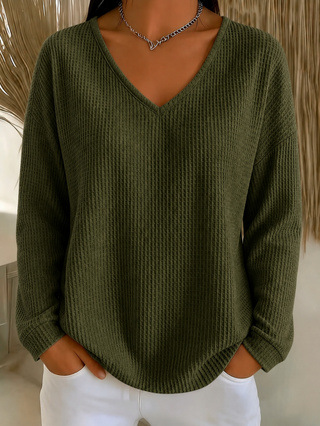Women's Waffle Knit V-Neck Long Sleeve Loose Fit Solid Color T-Shirt