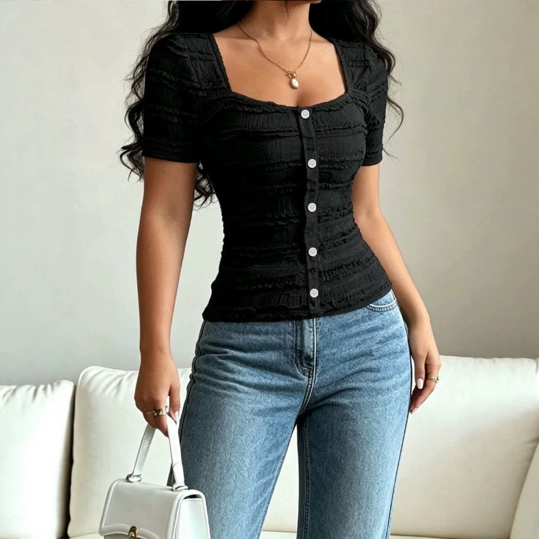 Women's Casual Solid Color Button Square Neck Short Sleeve T-Shirt