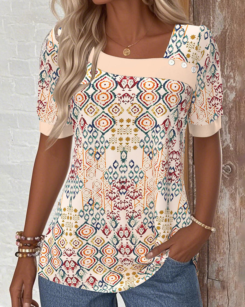 Elegant Asymmetric Neck Short Sleeve Button Print T-Shirt Top for Women