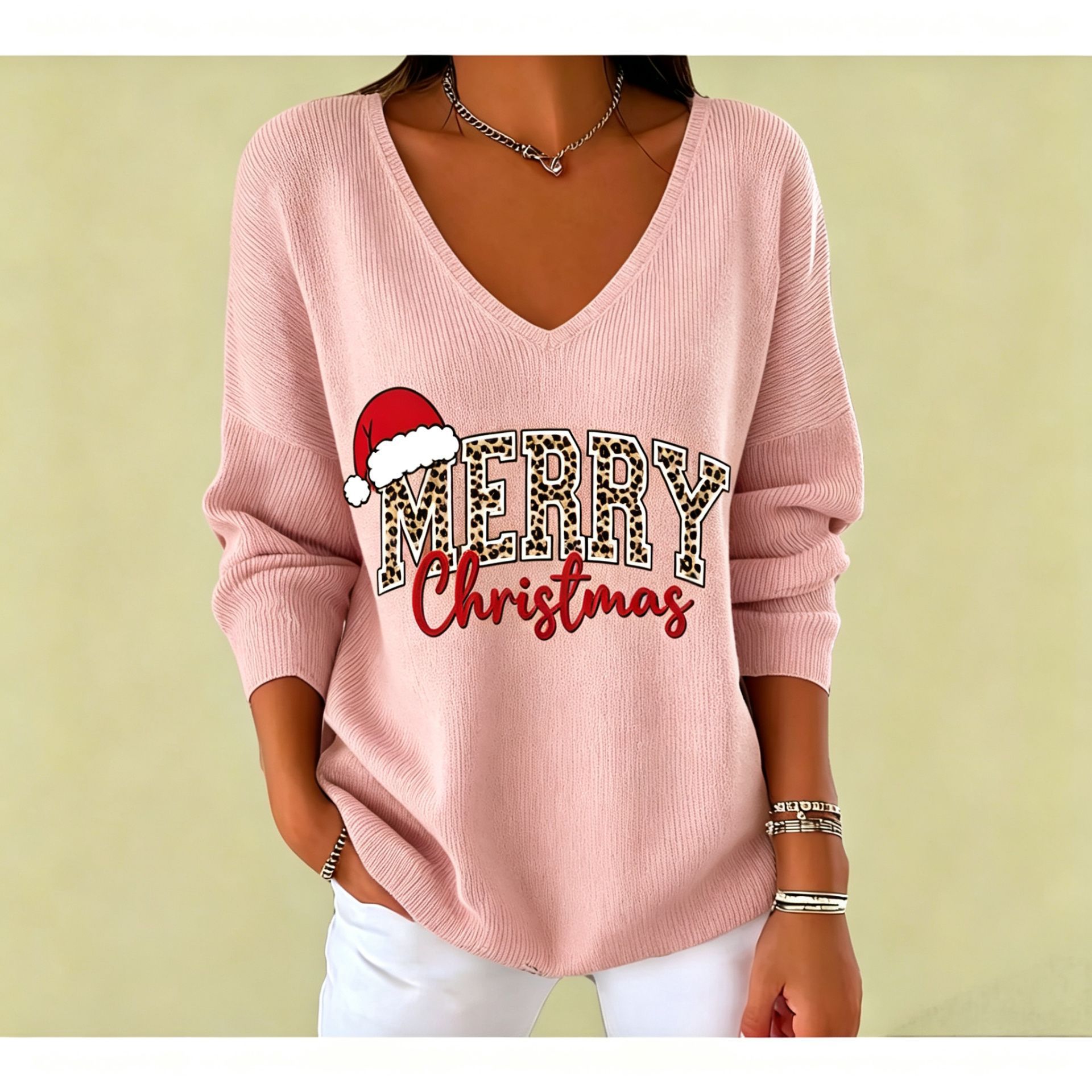 Christmas Letter Print V-Neck Long Sleeve Women's T-Shirt
