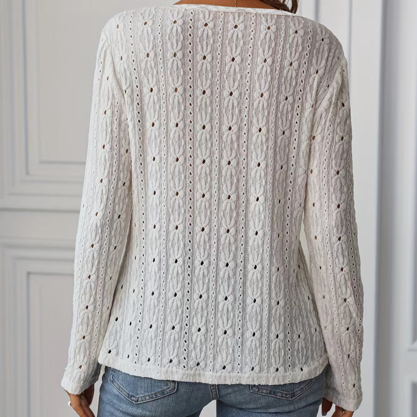 Women's Long-Sleeve Knit Jacquard Button Top
