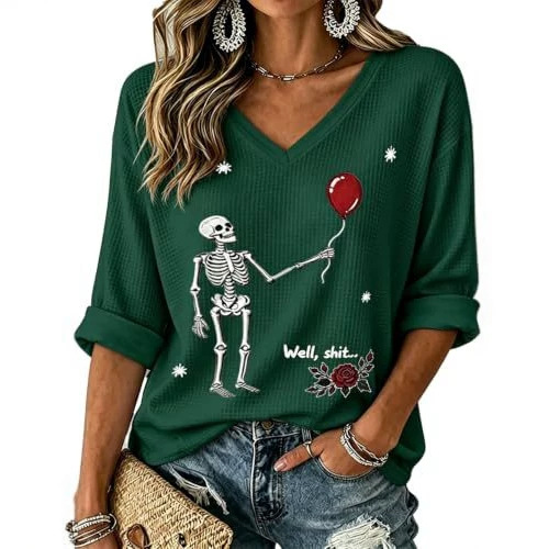 Skull Floral Balloon Print V-Neck Mid-Sleeve T-Shirt