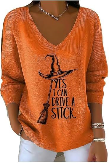 Halloween Witch Hat Broom Letter Print V-Neck Long-Sleeve T-Shirt