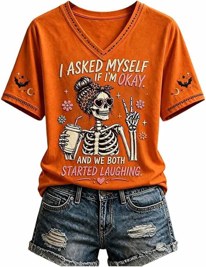Skull Goblet Letter Print V-Neck Short Sleeve Women's T-Shirt