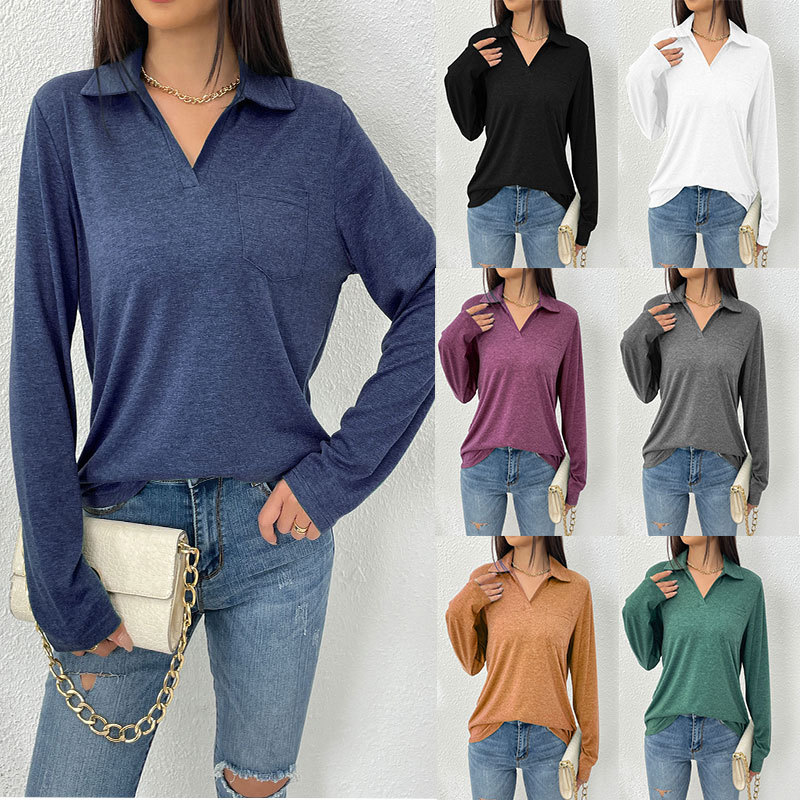 Women's Long Sleeve Solid Color Collared Loose Pocket T-Shirt