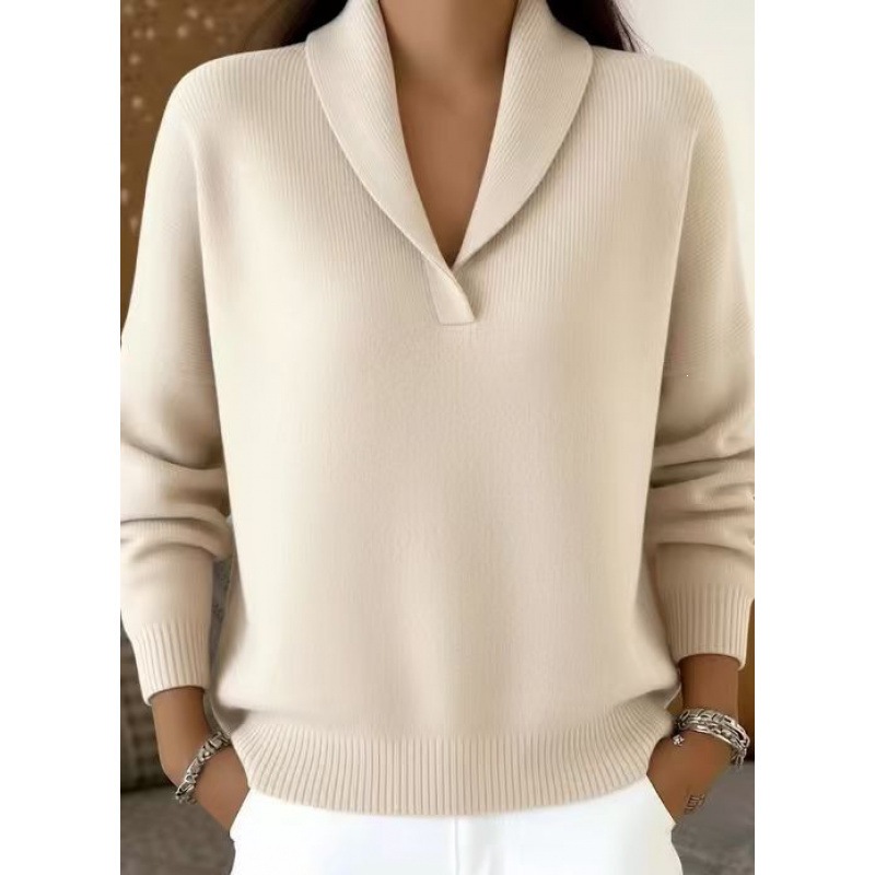 V-Neck Long Sleeve Knit Pullover Loose Solid Color Top