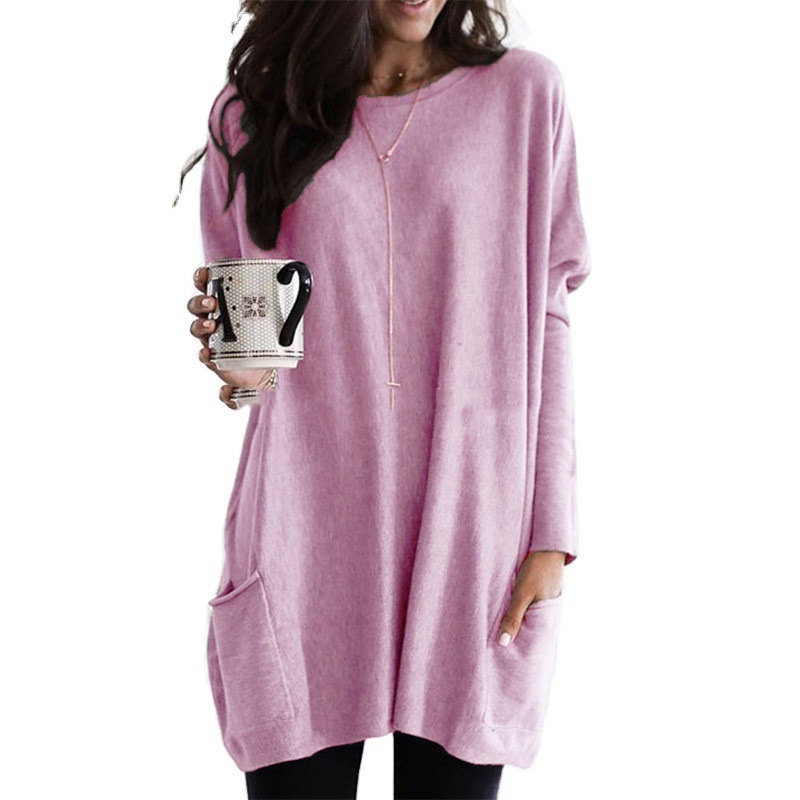 Women's Long Sleeve Pocket T-Shirt Casual Loose Fit Crew Neck Solid Color