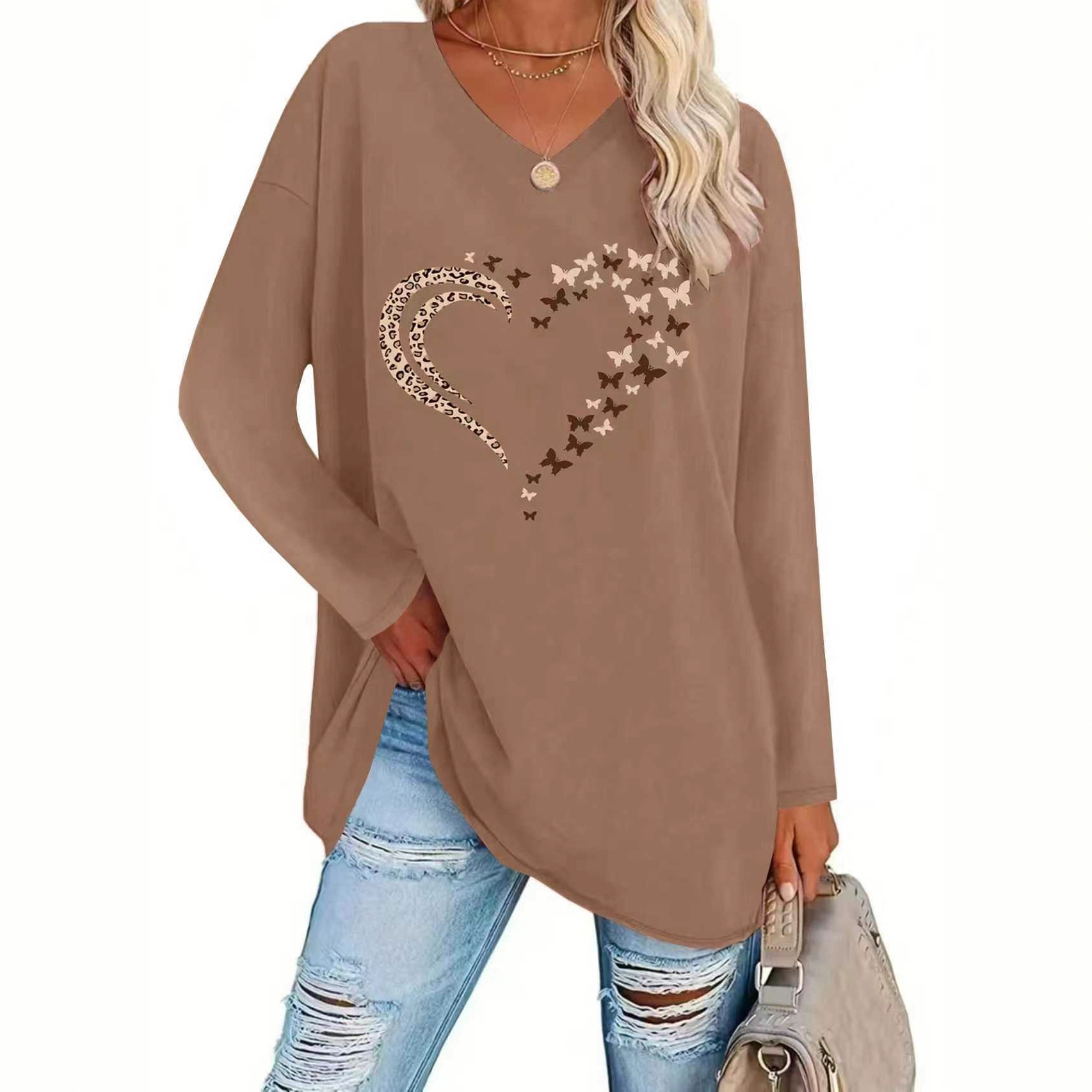 Women's Leopard Heart Butterfly Print Loose V-Neck Long Sleeve Top