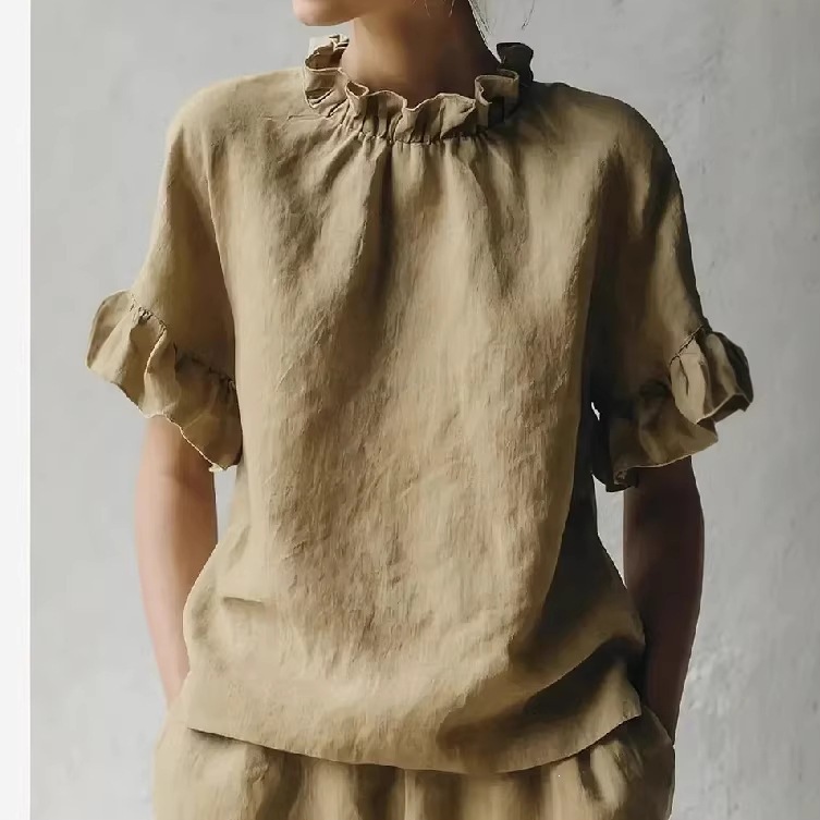 French Vintage Ruffle Ruched Crew Neck Cotton Linen Short Sleeve Top
