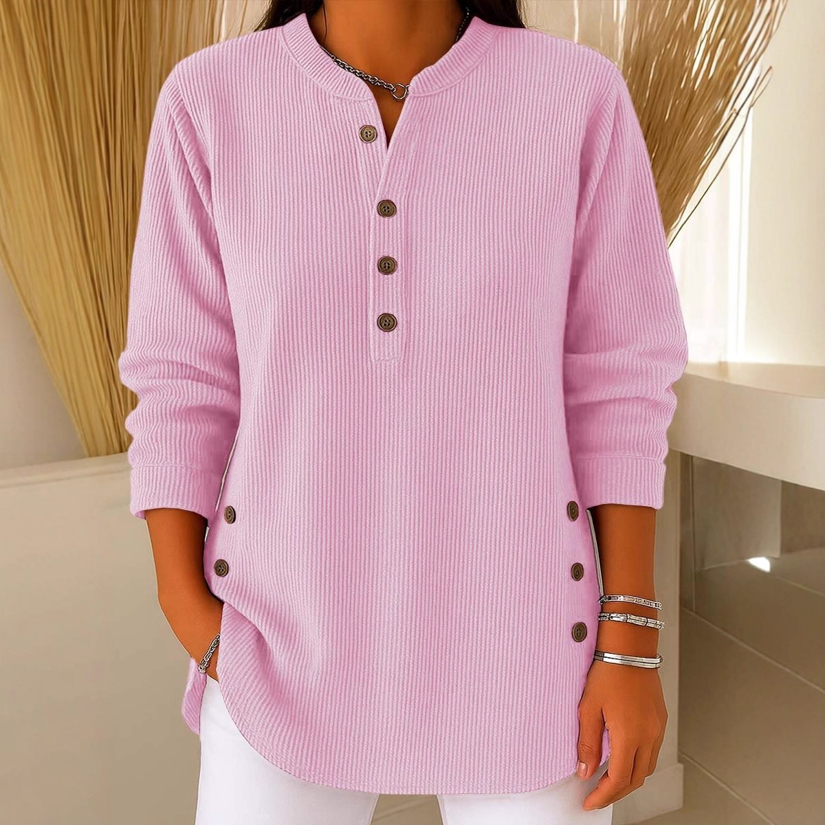 Corduroy Solid V-Neck Button Long-Sleeve Loose Casual Women's Top