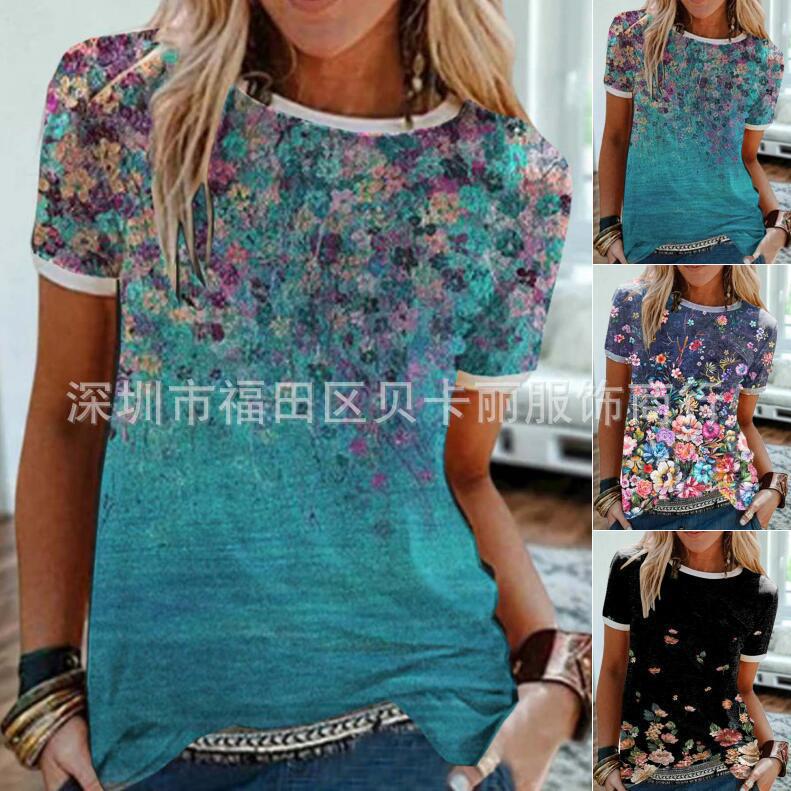 Tie-Dye Print Short Sleeve Crewneck Pullover T-Shirt for Women