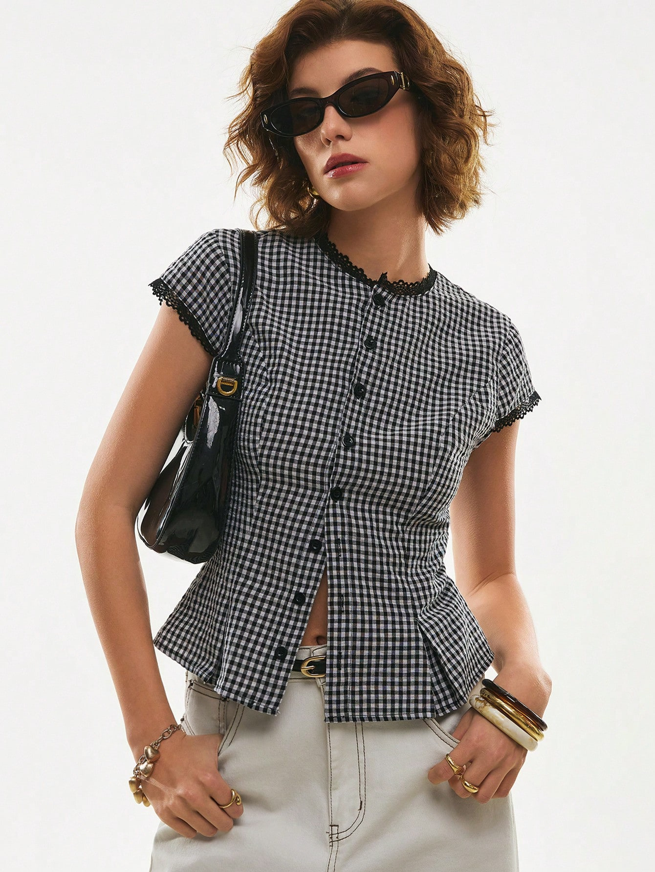 Women's Blue Plaid Collared Short Sleeve Shirt