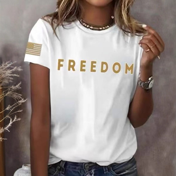 Freedom American Flag Print Crewneck Short Sleeve Women's Top