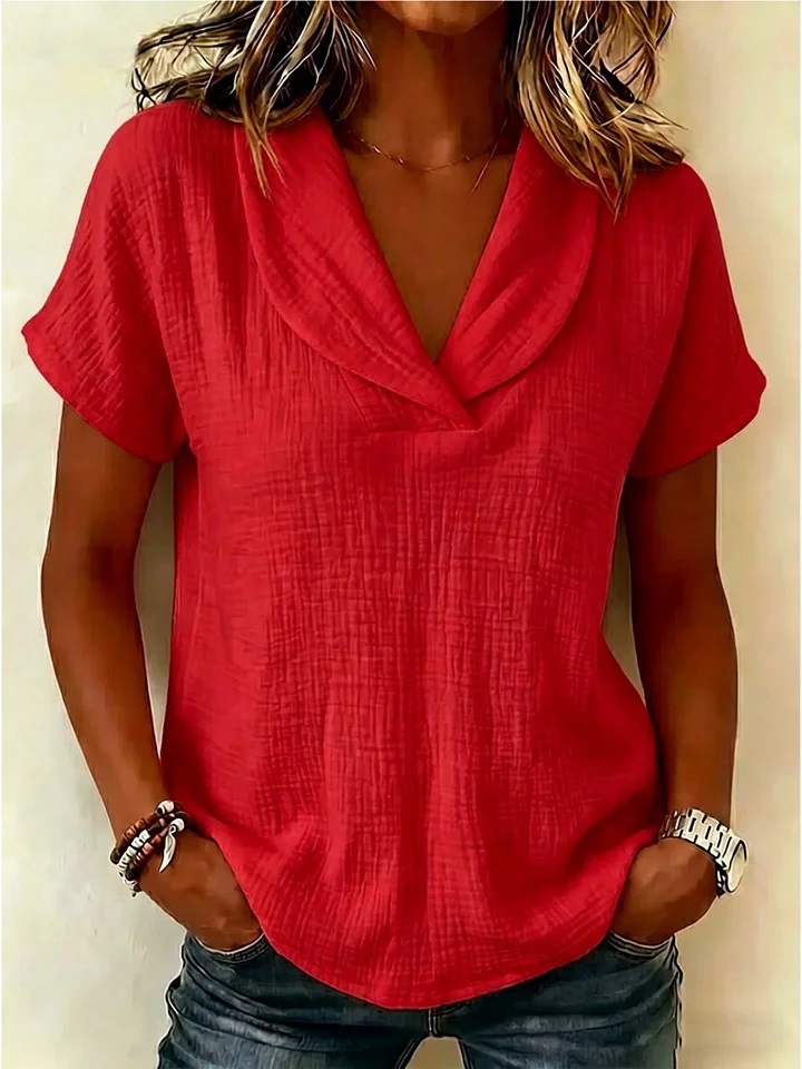 Women's Summer Short Sleeve Crepe V-Neck Casual T-Shirt