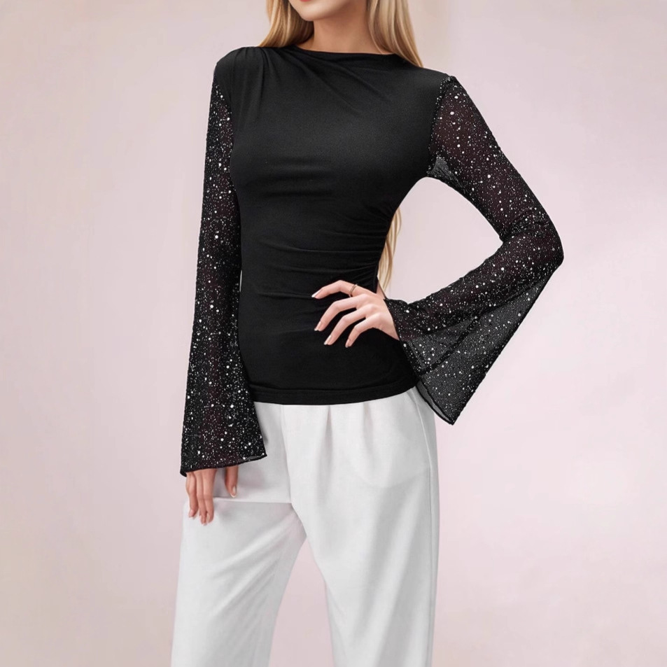 Women's Long Sleeve Silver Sequin Mesh T-Shirt