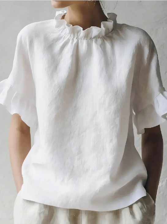 French Vintage Ruffle Ruched Crew Neck Cotton Linen Short Sleeve Top