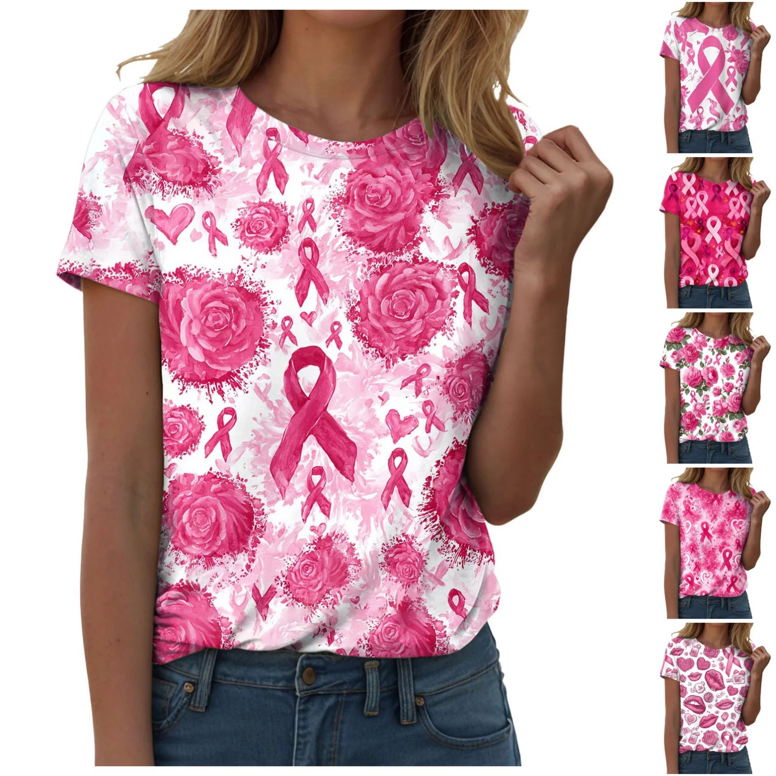 Ribbon Lip Print Heart Crewneck Short Sleeve Top