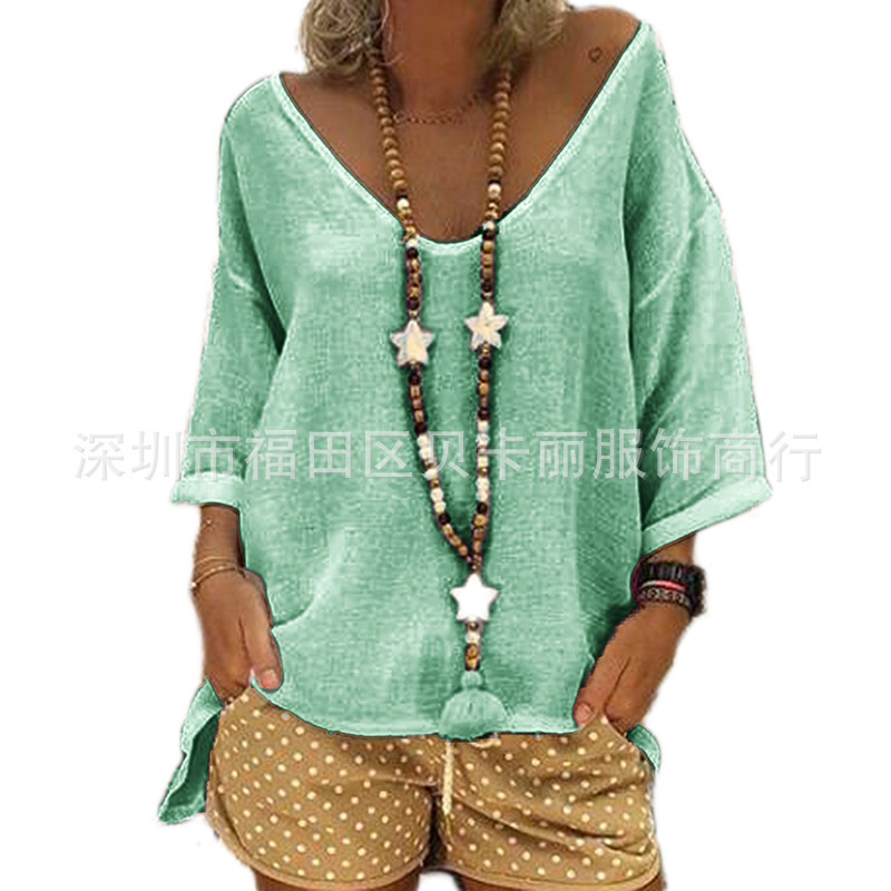 Women's V-Neck Half-Sleeve Cotton-Linen T-Shirt
