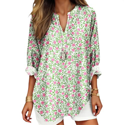 Women's Floral Polka Dot Print V-Neck Long Sleeve T-Shirt
