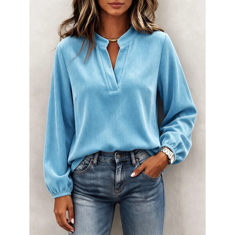 Ribbed Henley Neck Long Sleeve Top Half-Open V-Neck Lantern Sleeve Loose Fit