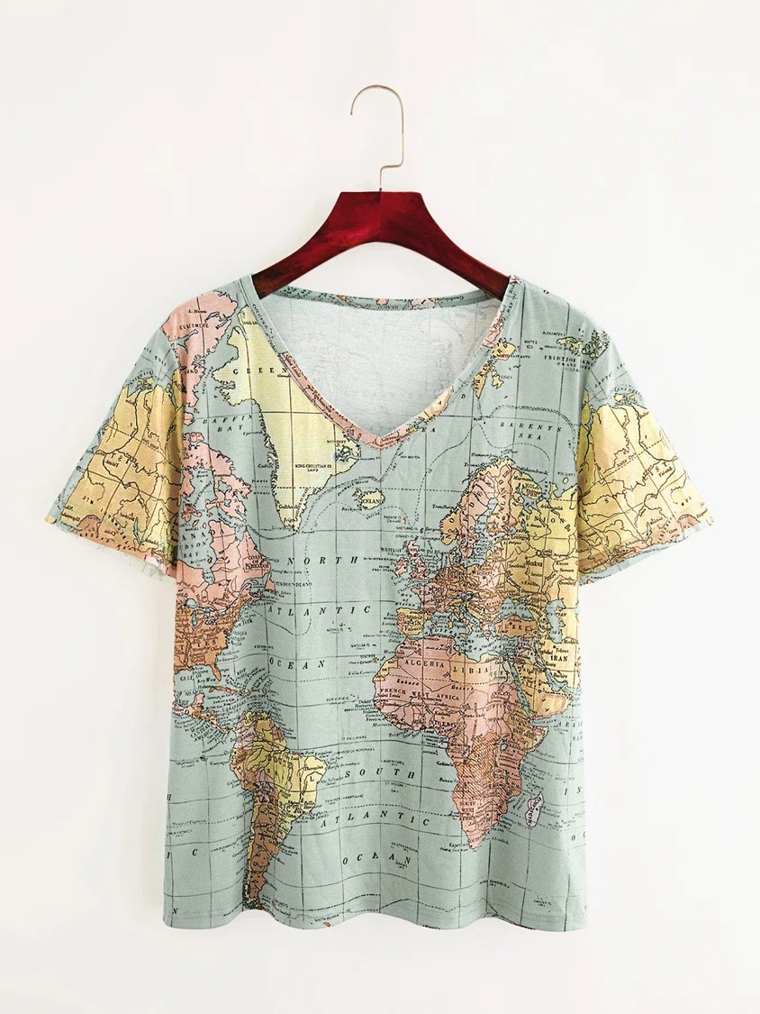 Map Print V-Neck Short Sleeve Women's T-Shirt