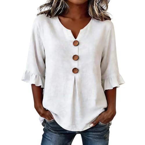 Women's Summer Solid Print Mid-Sleeve Button Top