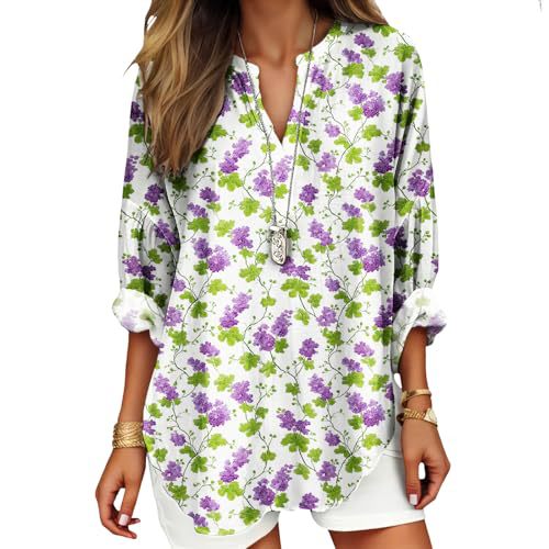 Women's Floral Polka Dot Print V-Neck Long Sleeve T-Shirt