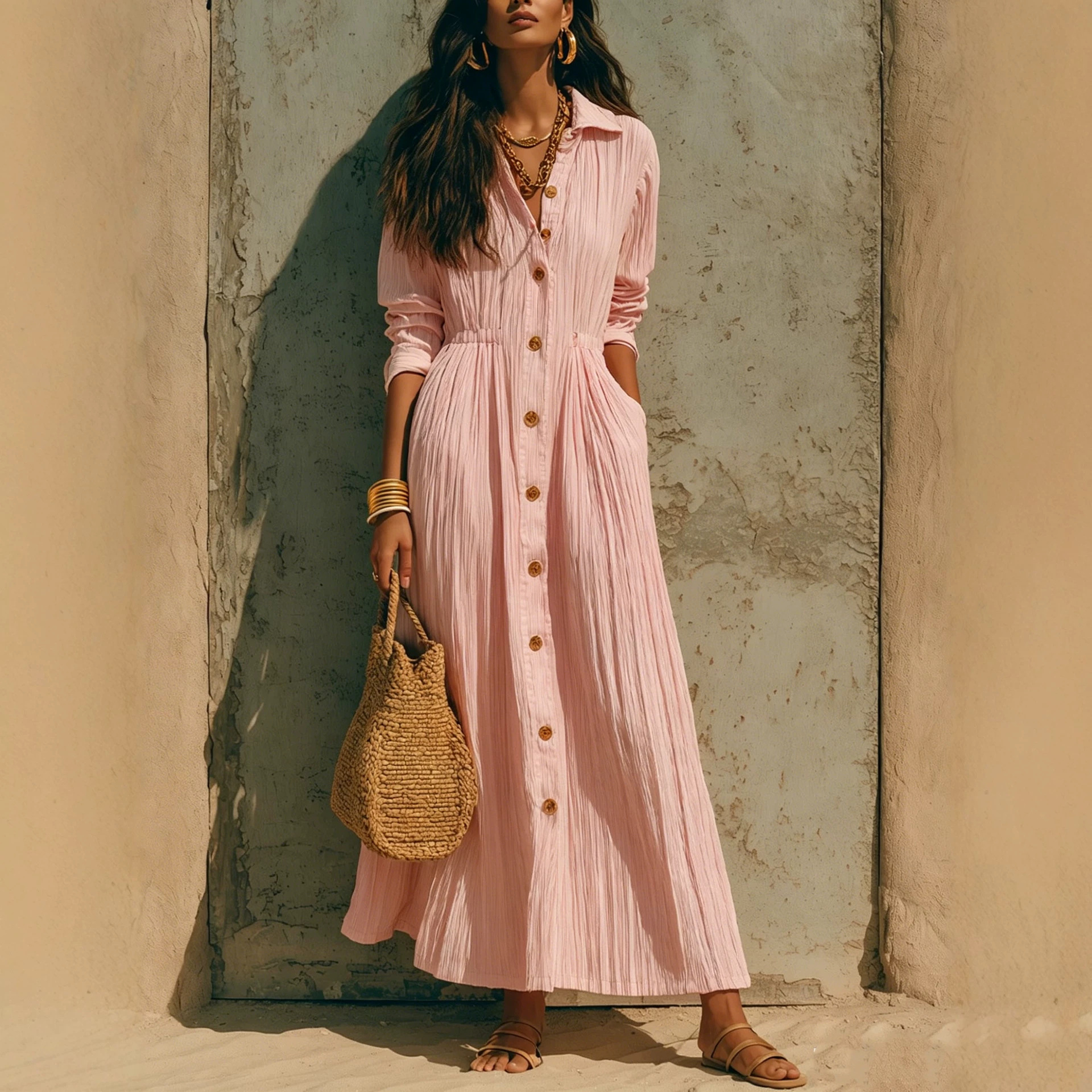 Women's Collared Button-Front Pleated Long Sleeve A-Line Shirt Dress