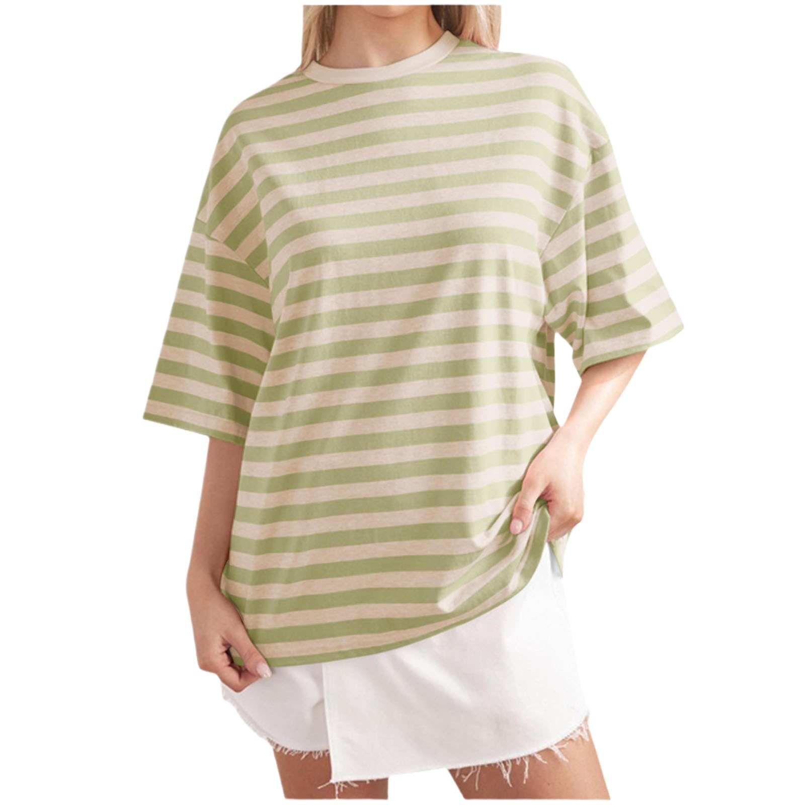 Striped Print Crewneck Half-Sleeve T-Shirt Casual Loose Fit