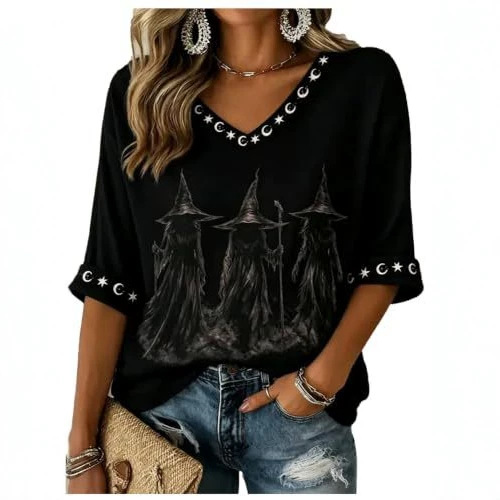 Halloween Witch Print V-Neck Half-Sleeve Women's T-Shirt