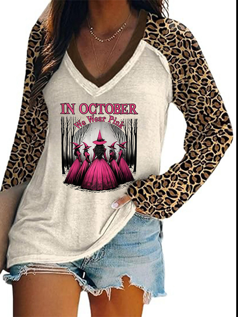 Women's Halloween Witch Hat Print V-Neck Long Sleeve T-Shirt