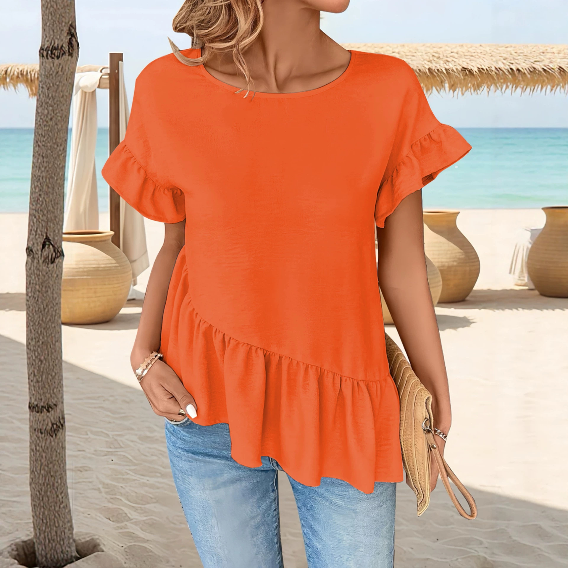 Elegant Solid Color Ruffle Sleeve Ruffle Hem Patchwork Women's T-Shirt