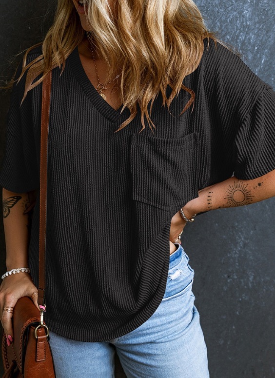 Two-Tone Twist Short Sleeve V-Neck Top