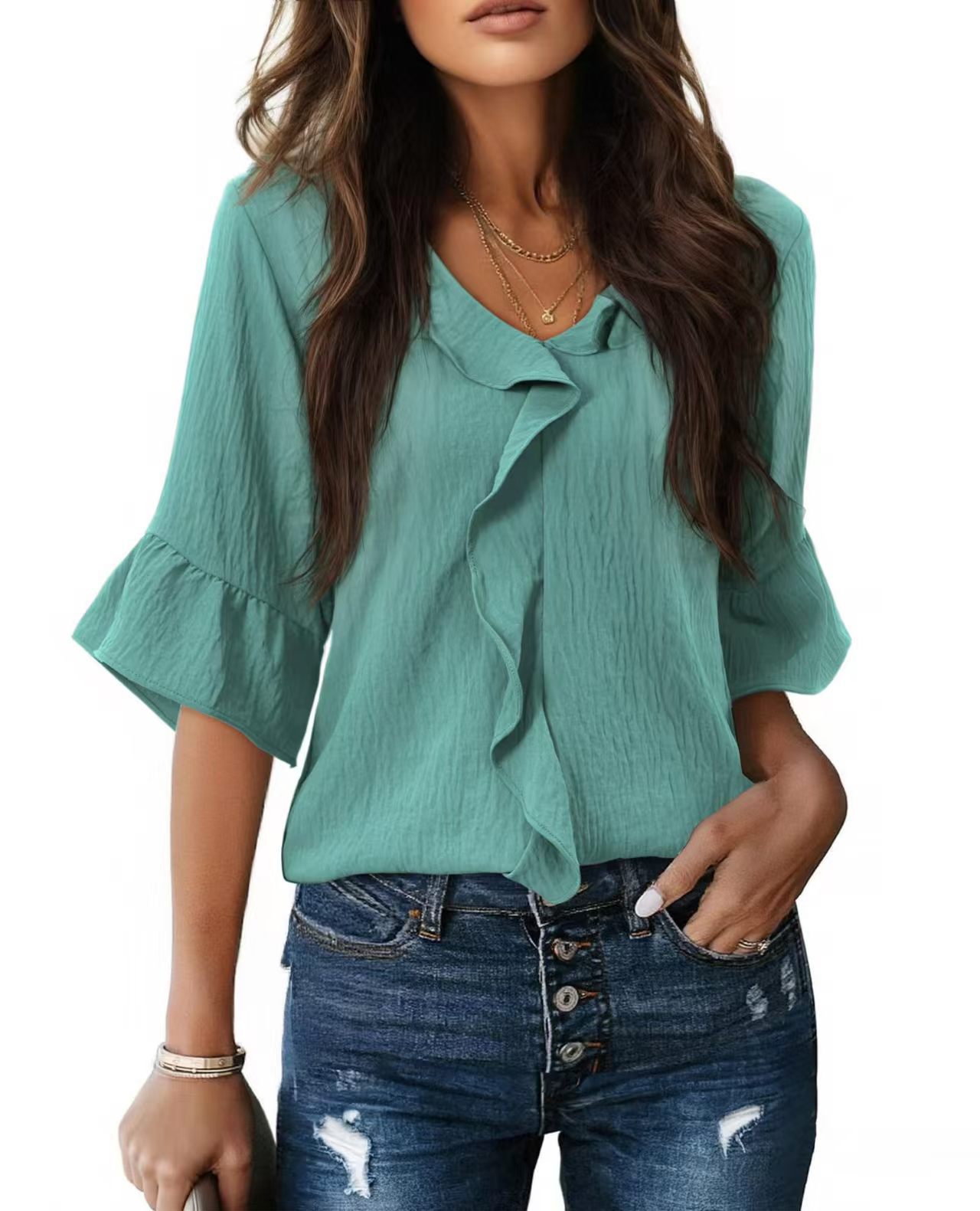 V-Neck Ruffle Lantern Sleeve Casual Top