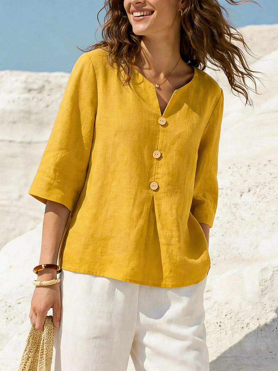 Women's Solid Color Cotton-Linen V-Neck Button T-Shirt Casual Loose Fit